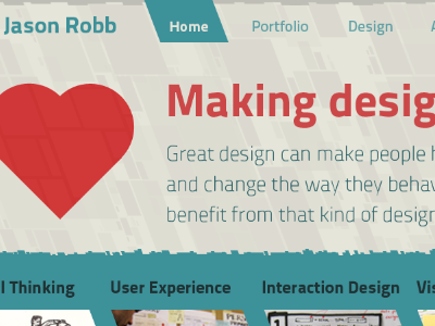 Making designs people love heart home page parallelograms photoshop red redesign teal titillium