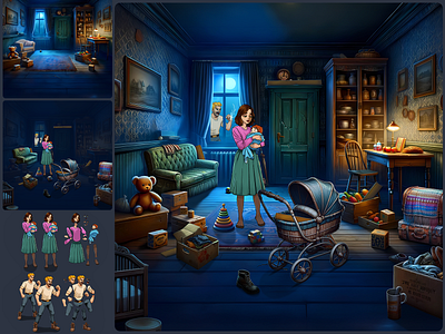 Characters & BG for the commercial for Hidden Object Game 2d art artist casual game character cleverside find object hidden object illustration playable ad