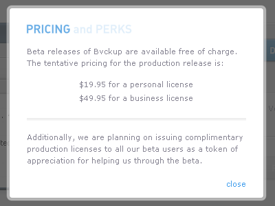 Pricing and Perks bvckup frame modal overlay