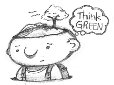 Think Green cartoon character crayon illustration pencil sketch trees