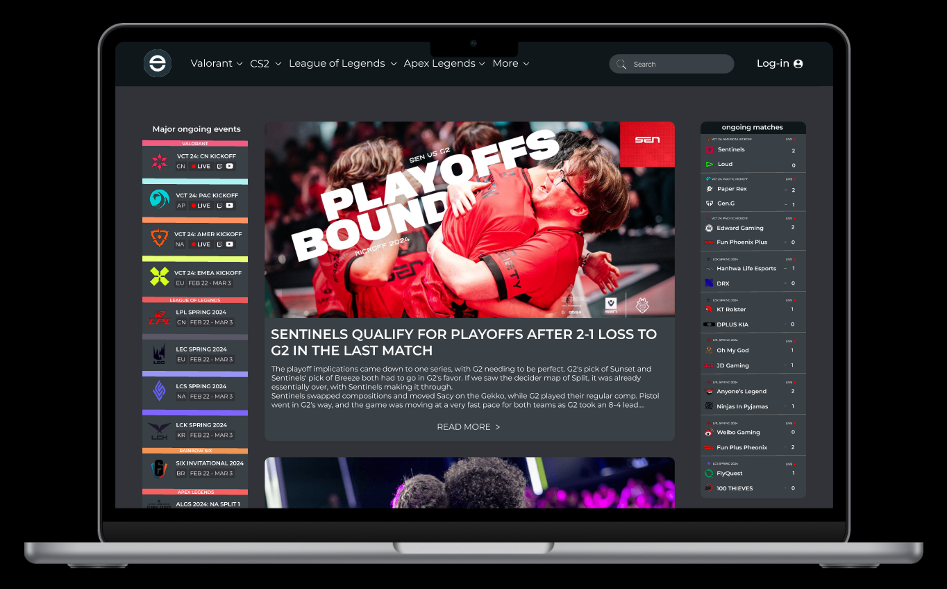 Esports News website (rework of VLR.gg) esports prototyping ui ux web design webflow website redesign