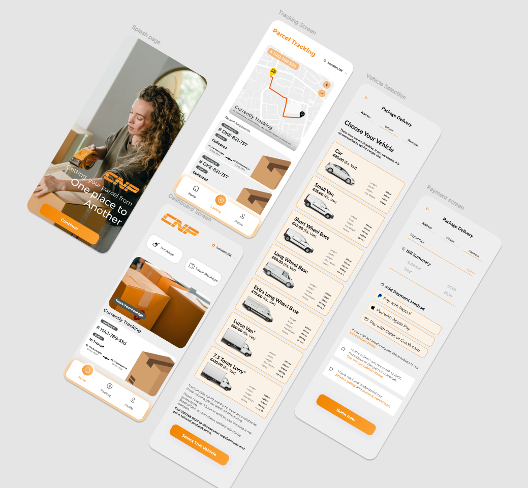 Parcel Delivery mobile app – UI/UX Prototype Draft branding graphic design mobile prototyping ui ux web app