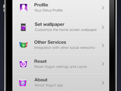 Yogurt app - Settings app icons