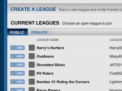 leagues page ui web site