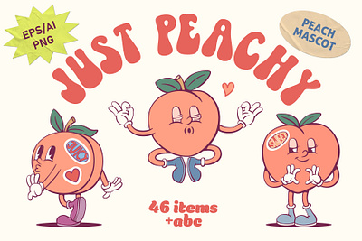 Peach groovy mascot cartoon character design comic digital download funky graphic design groovy character just peachy logo design mascot creator mascot parts old fashioned old school peach character peach mascot retro character retro poster typography vector vintage character