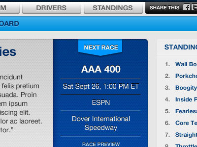 nascar fantasy ui psd ui web site