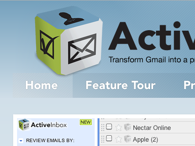 ActiveInbox blue green grey header nav