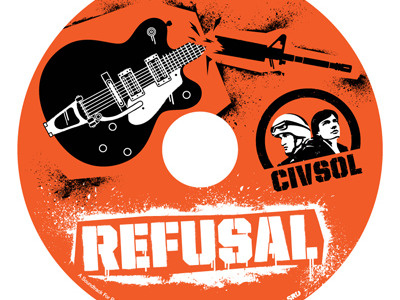 Civilian Soldier Alliance / Soundtrack For Refusal cd art broken guitar carlos vigil cd design civilian soldier alliance civsol gun barrel orange soundtrack for refusal srd super rad super rad design