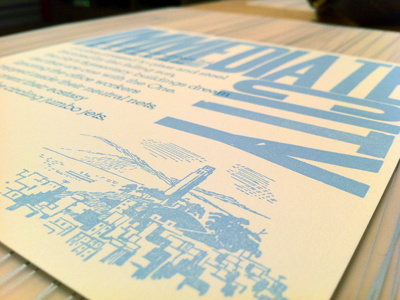 Immediate City, Final Print 2 color blue green letterpress paper print