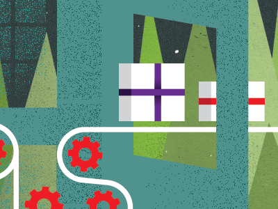 Boxes blue green illustration red type