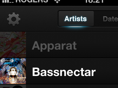 Artists/Dates buttons gear iphone segmentedcontrol