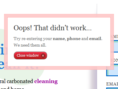 Happy Oops button error lightbox message red