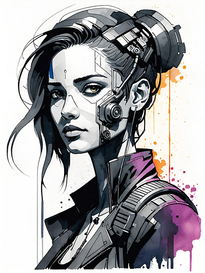 She's cyberpunk. cyber cyberpunk cyborg futuristic illustration punk sci fi scifi technology watercolor