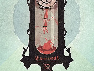 Arrhythmia album cover beat blood broken clock death drum heart iconic irregular parachute journalists retro vintage