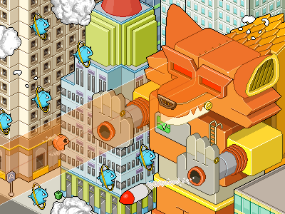 Firefoxzilla protects the city firefoxzilla illustration mecha pixel art robot