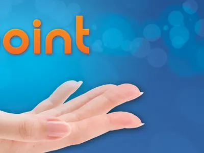 Blue hand point advertising blue bubbles circles hand orange