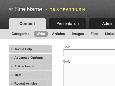 TXP Admin cms fireworks grey textpattern txp yellow