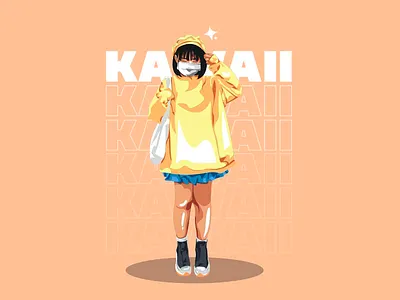 "Kawaii Girl in Yellow" Illustration aesthetic illustration anime inspired art blue skirt casual style character design cheerful vibes cute and modern cute fashion kawaii girl minimalistic background modern illustration pastel art pastel peach playful design pop culture streetwear art trendy outfit vibrant colors yellow hoodie youthful energy