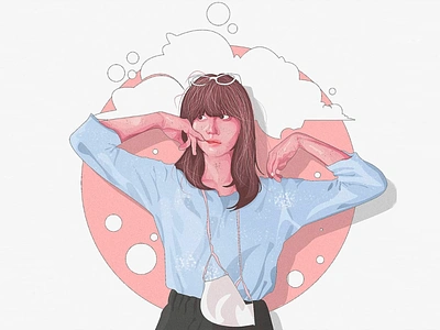 "Dreamy Thoughts in Soft Hues" Illustration artistic portrait calm expression character design contemporary style creative composition daydreaming girl delicate textures design dreamy vibes gentle tones minimalistic art modern aesthetic pastel clouds pastel illustration peaceful mood pink circle background serene artwork soft blue top soft colors whimsical design