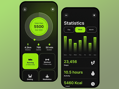 StepSync fintness app design activity statistics app app calorie burn tracker daily activity tracker diet tracking app distance calculation tool fitness data visualization fitness tracker tool green highlights ux healthy lifestyle assistant mobile app mobile app interface personalized fintess app design personalized fitness app running progress app sleek fitness app design step counter app ui ux workout tracking tool