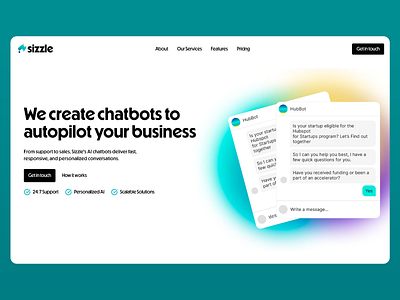 Sizzle web landing page ai chatbot design ai powered website auction platform landing page business automation website chatbot web design customer support web design elegant typography web design innovative ai website modern business website personalized ai web design personalized web interface professional ai web design scalable solutions web sizzle tech service web design ui ux web web design white palette web design