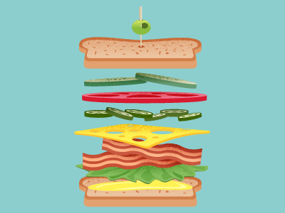 Sammich bacon cucumbers illustration jalapenos lettuce mustard olive swiss tomato