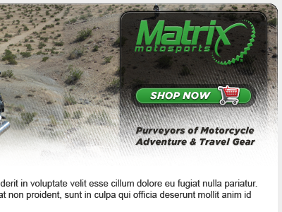 Matrix Motosports Newsletter Header green logo shopping cart website worn