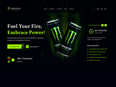 Monster Energy Landing Page bold design clean ui creative ui dark mode dark theme dribbble shots e commerce energy drink graphic ui hero design interface design landing page minimal design modern ui monster energy product page product ui ui ux vibrant ui web design