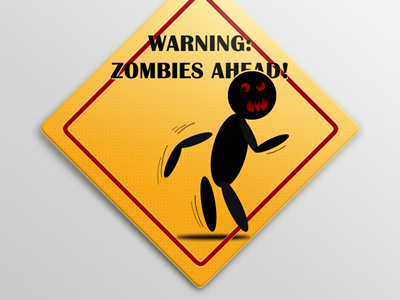 Warning: Zombies Ahead (sign) black fireworks fun illustration red sign yellow zombies