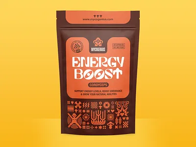 Mycogenius Energy Boost graphic design label mushrooms packaging pouch