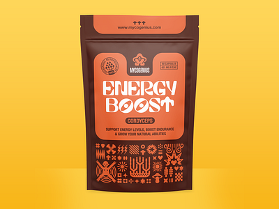 Mycogenius Energy Boost graphic design label mushrooms packaging pouch