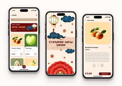 Lunar New Year Fruit Shop App Concept 3d concept design design element food food app graphic design illustration lunar new year mobile mobile app ui uiux design