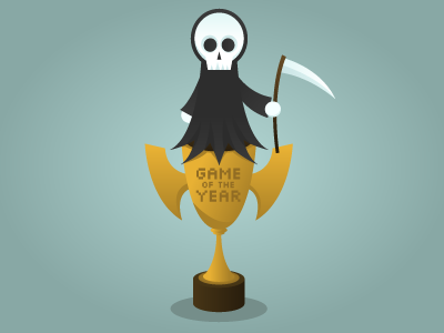 Grim Reaper Game Of The Year Award black blue brown gold green grim reaper illustration scary silkscreen video games