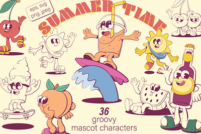 Groovy summer characters cartoon character design comic digital download graphic designers groovy groovy mascot icon illustrations instant download logo design retro cartoon retro characters retro poster retro summer summer beach summer mascot vintage cartoon whimsical