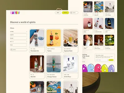 Search page for a directory of small-batch spirits alcohol big footer cards clean directory filters listings minimalist mono font quirky rounded corners search page serif font spirits web design website