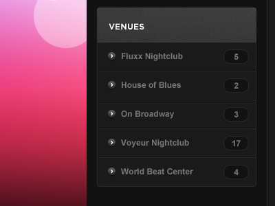 Venue List bullets dark grey list sidebar