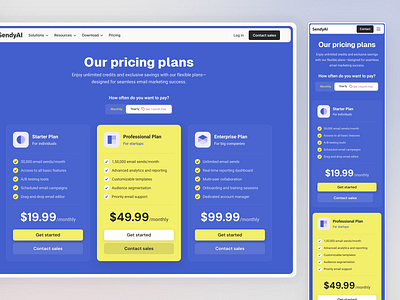 Pricing Plans Page - SendyAI Email Marketing Website branding crm design email marketing features logo monthly plan plans plans and pricing pricing pricing page pricing plans pricing section saas startup subscriptions uiux web design website website design