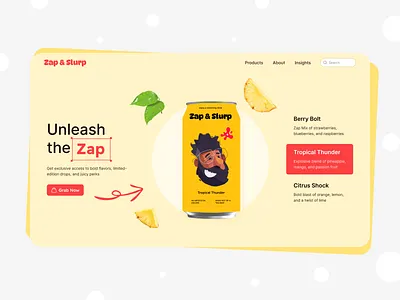 Zap & Slurp: From Can to Screen! bolddesign branddesign branding creativedesign designinspiration designshowcase figma hero section illustrationdesign juicepackaging packagingdesign packagingillustration procreate productdesign ui uicebrand uxui visualdesign webdesign webexperience