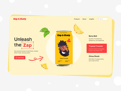 Zap & Slurp: From Can to Screen! bolddesign branddesign branding creativedesign designinspiration designshowcase figma hero section illustrationdesign juicepackaging packagingdesign packagingillustration procreate productdesign ui uicebrand uxui visualdesign webdesign webexperience