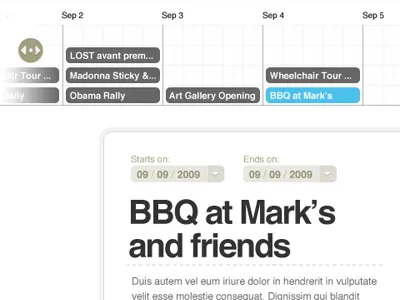 More Timeline & Details blue brown calendar citrusbyte dather drag events grey helvetica menu navigator scroll switch timeline ui