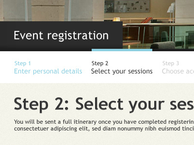 Step process design registration texture typography website