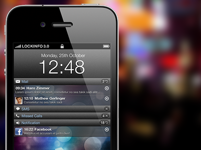 LockInfo iPhone UI Draft - Dark Theme app black calendar cydia dark email interface ios iphone lockscreen sms ui user interface ux
