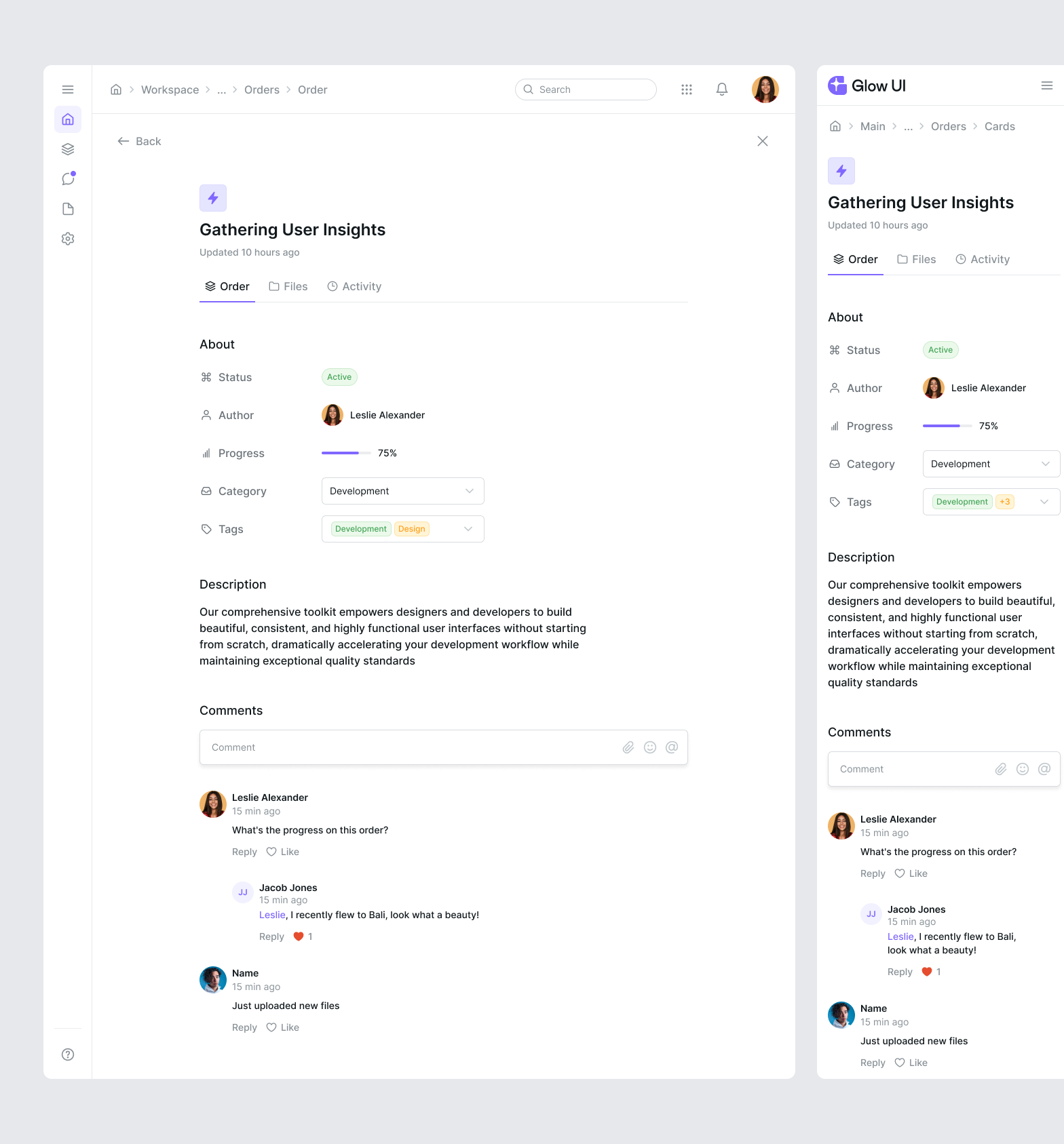 Dashboard Template — Glow UI description design system doc document glow ui page task ui ui kit