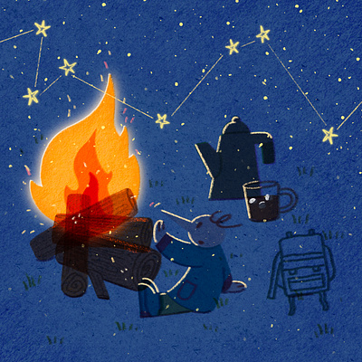 under a Starry Night Sky art artwork bag bonfire campire constellation cup design fire illust illustration ipad kettle line photoshop star starrynight trip tweetyheather wood