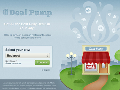 Deal site landing page blue deal groupon house illustration landing shop