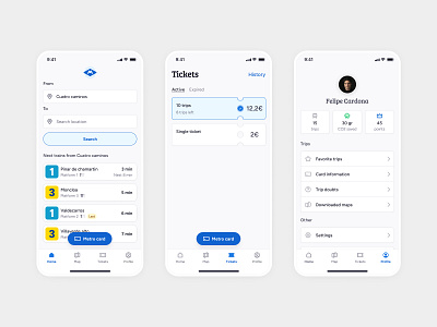 Home, Tickets & Profile - Metro app app blue buy card home input metropolis mobile profile settings ticket ui underground