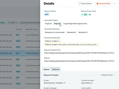 API Dashboard - Request Details Panel api app b2b endpoint get hover json metadata panel postman referrer request saas status ui url ux web webhook