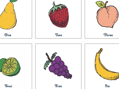 Table Numbers - Version Fruit banana colorful drawing fruit grapes lime peach pear sketch strawberry table numbers wedding