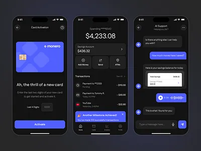 Banking Mobile App: Card Activation, Dashboard & AI Support account ai ai support bank banking banner card activation dashboard design mobile mobile app mobile app design mobile design money savings account support transactions ui