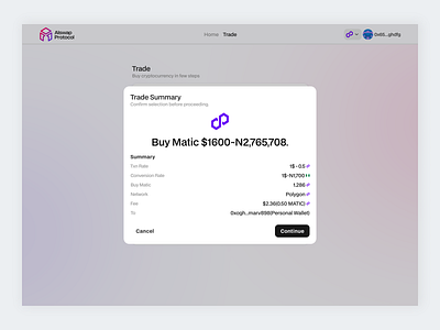 Trade Summary Modal from Alswap Protocol ui